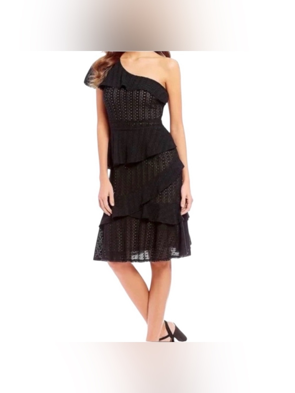 Gianni Bini black midi one shoulder peplum cocktail dress